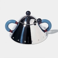 This sugar bowl with spoon in polished steel with light blue handles and black knob looks adorable when paired with matching creamer and teapot. This sugar bowl with spoon in polished steel with light blue handles and black knob looks adorable when paired with matching creamer and teapot.