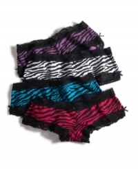 A wild child at heart. Flaunt it with these adorable zebra-print hipsters trimmed with sexy lace. By JT Intimates. Style #JTASD179 A wild child at heart. Flaunt it with these adorable zebra-print hipsters trimmed with sexy lace. By JT Intimates. Style #JTASD179