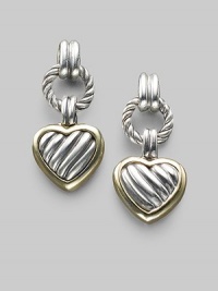 From the Heart Collection. A cabled sterling silver heart drop, edged in 18k gold, boldly hangs from a cabled silver ring. Sterling silver and 18k yellow gold Drop, about 1 Post back Made in USA