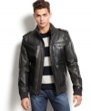 Come out ahead wearing this rugged and classic faux leather moto styled jacket by Guess Jeans.