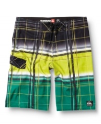 Cool color blocking and stripes gives these Quiksilver board shorts instant presence on the beach or boardwalk. Cool color blocking and stripes gives these Quiksilver board shorts instant presence on the beach or boardwalk.