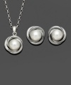 Class and sophistication combine in a swirling knot of style. Symbolic for love, this polished jewelry set features cultured freshwater pearls (8-9 mm) set in sterling silver. Approximate length: 18 inches. Approximate pendant drop: 1-8/10 inch. Approximate earring diameter: 6/10 inch.