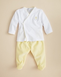 Crafted in luxurious velour, Kissy Kissy's wrap-front shirt and jacket wrap your baby in comfort and cute duck-embroidered style. Crafted in luxurious velour, Kissy Kissy's wrap-front shirt and jacket wrap your baby in comfort and cute duck-embroidered style.