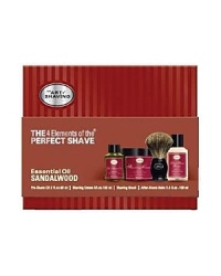 The 4 Elements of The Perfect Shave® combine The Art of Shaving's aromatherapy based products, handcrafted accessories and expert shaving technique to guarantee optimal shaving results while relieving and preventing ingrown hairs, razor burn, tough beard and sensitive skin. The Full Size Kit offers Pre-Shave Oil (2 fl. oz), Shaving Cream (3 oz), After Shave Balm (4 fl. oz), and a Pure Badger Shaving Brush. Sandalwood Essential Oil - Normal to Dry Skin The 4 Elements of The Perfect Shave® combine The Art of Shaving's aromatherapy based products, handcrafted accessories and expert shaving technique to guarantee optimal shaving results while relieving and preventing ingrown hairs, razor burn, tough beard and sensitive skin. The Full Size Kit offers Pre-Shave Oil (2 fl. oz), Shaving Cream (3 oz), After Shave Balm (4 fl. oz), and a Pure Badger Shaving Brush. Sandalwood Essential Oil - Normal to Dry Skin