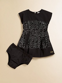 Sweet and sparkly in a pretty woven shape embellished with a shimmering floral pattern from bodice to hem.Round necklineSleevelessBack zip closureSolid hem with Juicy embroideryCotton jersey bloomers with elasticized waist and leg openingsPolyester/cottonMachine washImported Sweet and sparkly in a pretty woven shape embellished with a shimmering floral pattern from bodice to hem.Round necklineSleevelessBack zip closureSolid hem with Juicy embroideryCotton jersey bloomers with elasticized waist and leg openingsPolyester/cottonMachine washImported