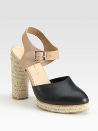 Adjustable, colorblock leather straps with a chunky espadrille heel and platform. Stacked heel, 4½ (115mm)Covered platform, ½ (15mm)Compares to a 4 heel (100mm)Leather upperLeather liningRubber solePadded insoleImportedOUR FIT MODEL RECOMMENDS ordering true size. Adjustable, colorblock leather straps with a chunky espadrille heel and platform. Stacked heel, 4½ (115mm)Covered platform, ½ (15mm)Compares to a 4 heel (100mm)Leather upperLeather liningRubber solePadded insoleImportedOUR FIT MODEL RECOMMENDS ordering true size.