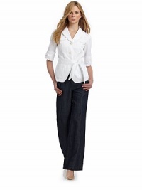 THE LOOKNotched collarThree-button frontThree-quarter sleeves with tab-and-button cuffsFront flap patch pocketsSide flap patch pocketsTies at waistTHE FITAbout 26 from shoulder to hemTHE MATERIALCottonCARE & ORIGINDry cleanImportedModel shown is 5'11 (180cm) wearing US size 4. THE LOOKNotched collarThree-button frontThree-quarter sleeves with tab-and-button cuffsFront flap patch pocketsSide flap patch pocketsTies at waistTHE FITAbout 26 from shoulder to hemTHE MATERIALCottonCARE & ORIGINDry cleanImportedModel shown is 5'11 (180cm) wearing US size 4.