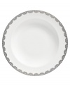 Vera Wang marries modern shapes with traditional lace in this set of dinnerware. The dishes are decidedly timeless. Platinum trim and banding add delicate feminine touches to this white rim soup bowl. Not shown.