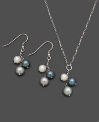 Ornament your neckline with complementary neutral clusters. This lariat-style jewelry set features white, black, and gray cultured freshwater pearl (7-8 mm) clusters set in sterling silver. Approximate length: 18 inches. Approximate necklace drop: 1-1/4 inches. Approximate earring drop: 1-3/4 inches. Ornament your neckline with complementary neutral clusters. This lariat-style jewelry set features white, black, and gray cultured freshwater pearl (7-8 mm) clusters set in sterling silver. Approximate length: 18 inches. Approximate necklace drop: 1-1/4 inches. Approximate earring drop: 1-3/4 inches.