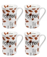 Give your morning joe an extra jolt with Konitz coffee mugs. White porcelain sprinkled with beans inside and out is easy to clean, easy to heat and a perfect way to enjoy a cafe cup in your kitchen. Give your morning joe an extra jolt with Konitz coffee mugs. White porcelain sprinkled with beans inside and out is easy to clean, easy to heat and a perfect way to enjoy a cafe cup in your kitchen.