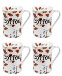 Give your morning joe an extra jolt with Konitz coffee mugs. White porcelain sprinkled with beans inside and out is easy to clean, easy to heat and a perfect way to enjoy a cafe cup in your kitchen.