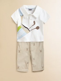 A classic polo design is given a sporty update with golf themed appliqués.Polo collarShort sleevesFront button placketCottonMachine washImported Please note: Number of buttons may vary depending on size ordered. A classic polo design is given a sporty update with golf themed appliqués.Polo collarShort sleevesFront button placketCottonMachine washImported Please note: Number of buttons may vary depending on size ordered.