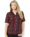 Rendered in soft cotton flannel, Lauren Ralph Lauren's classic plus size shirt is finished with a heritage plaid pattern and optional rolled cuffs for versatile style.