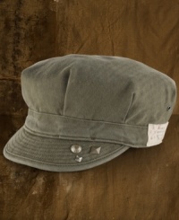 Paint splatters and antiqued metal rivets toughen up a herringbone-twill military cap for an edgy addition that goes with everything. Paint splatters and antiqued metal rivets toughen up a herringbone-twill military cap for an edgy addition that goes with everything.