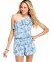 Bursting with color and print, this ruffled, one-shoulder romper from Planet Gold turns up the cuteness!