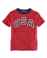 A sporty tee in soft breathable cotton is accented with heritage pride, celebrating Team USA's participation in the 2012 Olympics. A sporty tee in soft breathable cotton is accented with heritage pride, celebrating Team USA's participation in the 2012 Olympics.