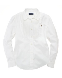 A preppy long-sleeved shirt in crisp cotton oxford is accented with a classic pintucked bib front. A preppy long-sleeved shirt in crisp cotton oxford is accented with a classic pintucked bib front.