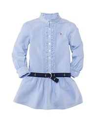 A classic oxford shirt is transformed into a precious dress with ruffled trim, pretty pintucks and gently puffed sleeves. A classic oxford shirt is transformed into a precious dress with ruffled trim, pretty pintucks and gently puffed sleeves.