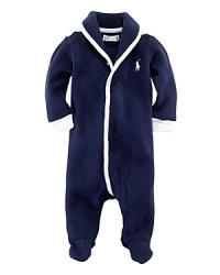 A ribbed cotton footie is embellished with Ralph Lauren's signature pony and contrasting trim for a look as polished as it is comfy. A ribbed cotton footie is embellished with Ralph Lauren's signature pony and contrasting trim for a look as polished as it is comfy.