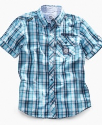 Hot style, cool look. Popular plaid on this Akademiks shirt keeps him comfy, casual and cute in school or out to play. Hot style, cool look. Popular plaid on this Akademiks shirt keeps him comfy, casual and cute in school or out to play.