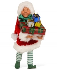 Wrap it up! He has his hands full, but Santa's little helper is filled with glee as he wraps an endless pile of Christmas presents. An adorable figurine with the unmistakable style of Byers' Choice. Wrap it up! He has his hands full, but Santa's little helper is filled with glee as he wraps an endless pile of Christmas presents. An adorable figurine with the unmistakable style of Byers' Choice.
