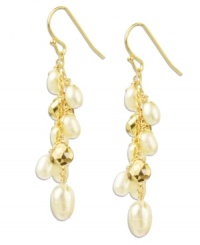 Lusciously luxe. Clusters of shimmery cultured freshwater pearls (5 mm and 8 mm) and sparkling pyrite (4-3/4 ct. t.w.) combine for a look of ultimate sophistication. Set in 18k gold over sterling silver. Approximate drop: 1-1/2 inches. Lusciously luxe. Clusters of shimmery cultured freshwater pearls (5 mm and 8 mm) and sparkling pyrite (4-3/4 ct. t.w.) combine for a look of ultimate sophistication. Set in 18k gold over sterling silver. Approximate drop: 1-1/2 inches.