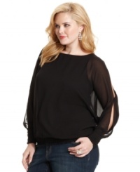 Dress up your casual look with Jessica Simpson's plus size blouse, featuring sleeve cutouts. Dress up your casual look with Jessica Simpson's plus size blouse, featuring sleeve cutouts.