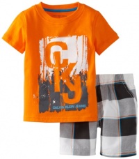 Calvin Klein Boys 2-7 Short Sleeve Tee With Plaided Short, Orange, 2T Calvin Klein Boys 2-7 Short Sleeve Tee With Plaided Short, Orange, 2T