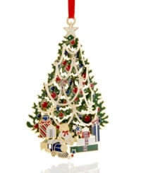 Just like the iconic Macy's tree, this beautiful gold-plated ornament inspires a merry Christmas from one year to the next. With a doll, train and gifts at its base and red, blue and gold trimming its boughs. Just like the iconic Macy's tree, this beautiful gold-plated ornament inspires a merry Christmas from one year to the next. With a doll, train and gifts at its base and red, blue and gold trimming its boughs.