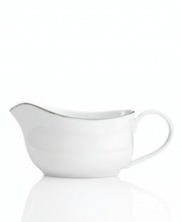 Simply elegant for everyday meals but with a banded edge that shines on formal tables, the Platinum Fine Line gravy boat is a flawless choice for every occasion. Simply elegant for everyday meals but with a banded edge that shines on formal tables, the Platinum Fine Line gravy boat is a flawless choice for every occasion.
