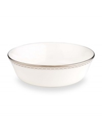 Combining elements both modern and vintage, the understated Pearl Platinum collection is designed to mimic a strand of lustrous pearls. With imitation pearl accents and platinum rims on fine bone china. Combining elements both modern and vintage, the understated Pearl Platinum collection is designed to mimic a strand of lustrous pearls. With imitation pearl accents and platinum rims on fine bone china.