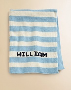 Stripes on the front, solid on the back and remarkably soft all over...this modern baby blanket is sure to be a new forever favorite. CottonMachine washMade in USAFOR PERSONALIZATION Select a quantity, then scroll down and click on PERSONALIZE & ADD TO BAG to choose and preview your personalization options. Please allow 4-6 weeks for delivery. 