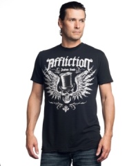 This top hat skull graphic t-shirt from Affliction adds polish with and edge to your denim look. This top hat skull graphic t-shirt from Affliction adds polish with and edge to your denim look.