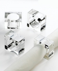 Enhance linens of any color and pattern with Pure napkin rings from Oleg Cassini. Heavy crystal cut in a chic square adds designer shine to well-dressed tables. A beautiful gift for the perpetual host or bride-to-be. Enhance linens of any color and pattern with Pure napkin rings from Oleg Cassini. Heavy crystal cut in a chic square adds designer shine to well-dressed tables. A beautiful gift for the perpetual host or bride-to-be.