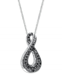 Eternally cool - the infinity necklace is always in style. An intriguing figure-eight design highlights round-cut black diamonds (4/10 ct. t.w.) and white diamond accents. Crafted in 14k white gold. Approximate length: 18 inches. Approximate drop: 8/10 inch. Eternally cool - the infinity necklace is always in style. An intriguing figure-eight design highlights round-cut black diamonds (4/10 ct. t.w.) and white diamond accents. Crafted in 14k white gold. Approximate length: 18 inches. Approximate drop: 8/10 inch.