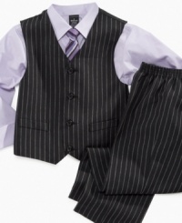 Punch up the dress code with pinstripes on this dashing shirt, vest and pant set with matching tie from Sean John. Punch up the dress code with pinstripes on this dashing shirt, vest and pant set with matching tie from Sean John.