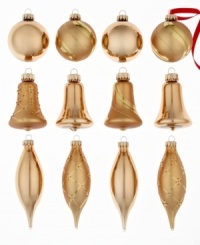 A very merry tree will take shape with gold glass ornaments from Martha Stewart Collection. Ball, bell and drop shapes tinged with radiant gold glitter fill out its branches with timeless grace. A very merry tree will take shape with gold glass ornaments from Martha Stewart Collection. Ball, bell and drop shapes tinged with radiant gold glitter fill out its branches with timeless grace.