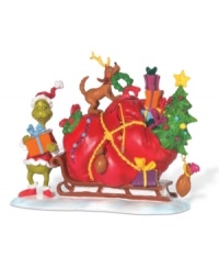 Finding the strength of ten Grinches – plus two! – this merrymaking Grinch returns all the packages, boxes and bags to the happy Whos down in Who-ville. Max rides the sleigh wearing his makeshift antler. Finding the strength of ten Grinches – plus two! – this merrymaking Grinch returns all the packages, boxes and bags to the happy Whos down in Who-ville. Max rides the sleigh wearing his makeshift antler.