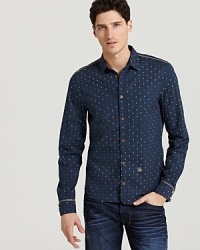 Diesel delivers an incredibly detailed button-down patterned with tiny anchors, finely embroidered at the shoulder, cuff and back yoke seam, and replete with contrast buttons for an allover cool-cool-cool look. Diesel delivers an incredibly detailed button-down patterned with tiny anchors, finely embroidered at the shoulder, cuff and back yoke seam, and replete with contrast buttons for an allover cool-cool-cool look.