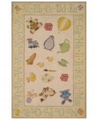 Stir the imagination with this adorable, whimsical rug from Momeni's Lil Mo Classic collection. In a throwback to old-fashion nursery styling, the pale yellow rug features an assortment of childhood images like a hot air balloon, teddy bear and rocking horse--exciting sights for any little one. An alphabet-themed border offers a head start on learning! Hand-hooked of pure cotton, Lil Mo Classics feature a cut-loop construction that gives the printed motifs a raised effect and tons of texture. Stir the imagination with this adorable, whimsical rug from Momeni's Lil Mo Classic collection. In a throwback to old-fashion nursery styling, the pale yellow rug features an assortment of childhood images like a hot air balloon, teddy bear and rocking horse--exciting sights for any little one. An alphabet-themed border offers a head start on learning! Hand-hooked of pure cotton, Lil Mo Classics feature a cut-loop construction that gives the printed motifs a raised effect and tons of texture.