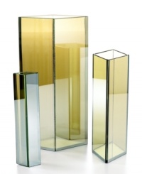 Any way you look at it, this small Reflective vase shows off your modern side in tinted green glass. A reflective film around its cool diamond shape means, depending on your angle, you'll see straight through it, to the side or something behind you. Any way you look at it, this small Reflective vase shows off your modern side in tinted green glass. A reflective film around its cool diamond shape means, depending on your angle, you'll see straight through it, to the side or something behind you.