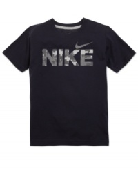 For the little guy who hurtles through life at maximum velocity: Nike's Velocity T-shirt with logo graphic in camouflage print. For the little guy who hurtles through life at maximum velocity: Nike's Velocity T-shirt with logo graphic in camouflage print.