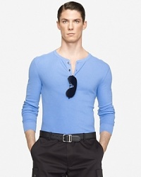 Designed for a trim, modern fit, a classic long-sleeved Henley is rendered in a super-fine waffle-knit from a luxurious, soft Pima cotton blend. Designed for a trim, modern fit, a classic long-sleeved Henley is rendered in a super-fine waffle-knit from a luxurious, soft Pima cotton blend.