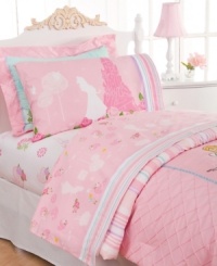An enchanting print of flowers and castles graces the Disney Princesses sheet set in a sweet pink shade. The coordinating pillowcase features a lovely silhouette of Aurora next to a towering castle and a bed of roses, accented by a striped cuff. Also features a 200 thread count. An enchanting print of flowers and castles graces the Disney Princesses sheet set in a sweet pink shade. The coordinating pillowcase features a lovely silhouette of Aurora next to a towering castle and a bed of roses, accented by a striped cuff. Also features a 200 thread count.