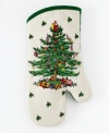 Think green! A colorful Christmas tree adorns this cotton pot holder from Spode, perfect for cooking up a little Christmas spirit.