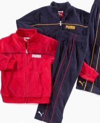 This jacket and pants set from Puma boosts his performance while making his look stand out. This jacket and pants set from Puma boosts his performance while making his look stand out.