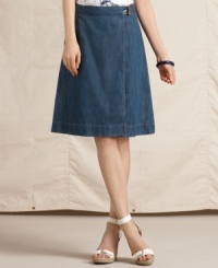 It's a wrap! Tommy Hilfiger's denim skirt makes getting dressed a cinch -- pair it with anything in your wardrobe from solid tees to printed blouses! It's a wrap! Tommy Hilfiger's denim skirt makes getting dressed a cinch -- pair it with anything in your wardrobe from solid tees to printed blouses!