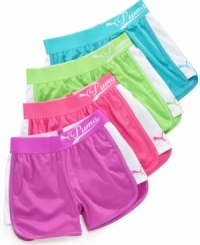 Built for speed and sweet style. These breezy striped mesh shorts from Puma are cute basics for playtime. Built for speed and sweet style. These breezy striped mesh shorts from Puma are cute basics for playtime.