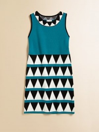 She'll shape up in this stunning knit shift finished with bold geometric patterns at the collar and skirt.Jewel necklineSleevelessPull-on styleRibbed hem72% viscose/28% polyesterHand washImported She'll shape up in this stunning knit shift finished with bold geometric patterns at the collar and skirt.Jewel necklineSleevelessPull-on styleRibbed hem72% viscose/28% polyesterHand washImported