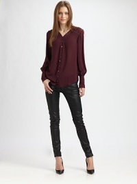 Lavish and ladylike-- this silk top has long bishop sleeves, pintucked cuffs and a semi-sheer silhouette. V-neckButton frontLong bishop sleevesPintucked, buttoned cuffsLonger length hits below the hipsSilkDry cleanImportedModel shown is 5'10 (177cm) wearing US size Small. Lavish and ladylike-- this silk top has long bishop sleeves, pintucked cuffs and a semi-sheer silhouette. V-neckButton frontLong bishop sleevesPintucked, buttoned cuffsLonger length hits below the hipsSilkDry cleanImportedModel shown is 5'10 (177cm) wearing US size Small.